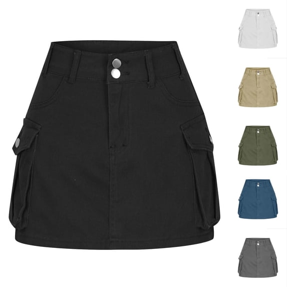 Bovxnpu Plus Size Skirts For Women, Women's Cargo Skirts Casual Mini Skirt With Pocket, Women's Zipper Button High Waist Short Skirt Summer Solid Pockets Skirt M