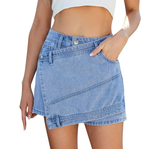 Bovxnpu Plus Size Skirts For Women, Women's Denim Skirts Casual Mini Skirt With Pocket, Women's Summer Fashion Solid Color Button Irregular Pocket Skirt L