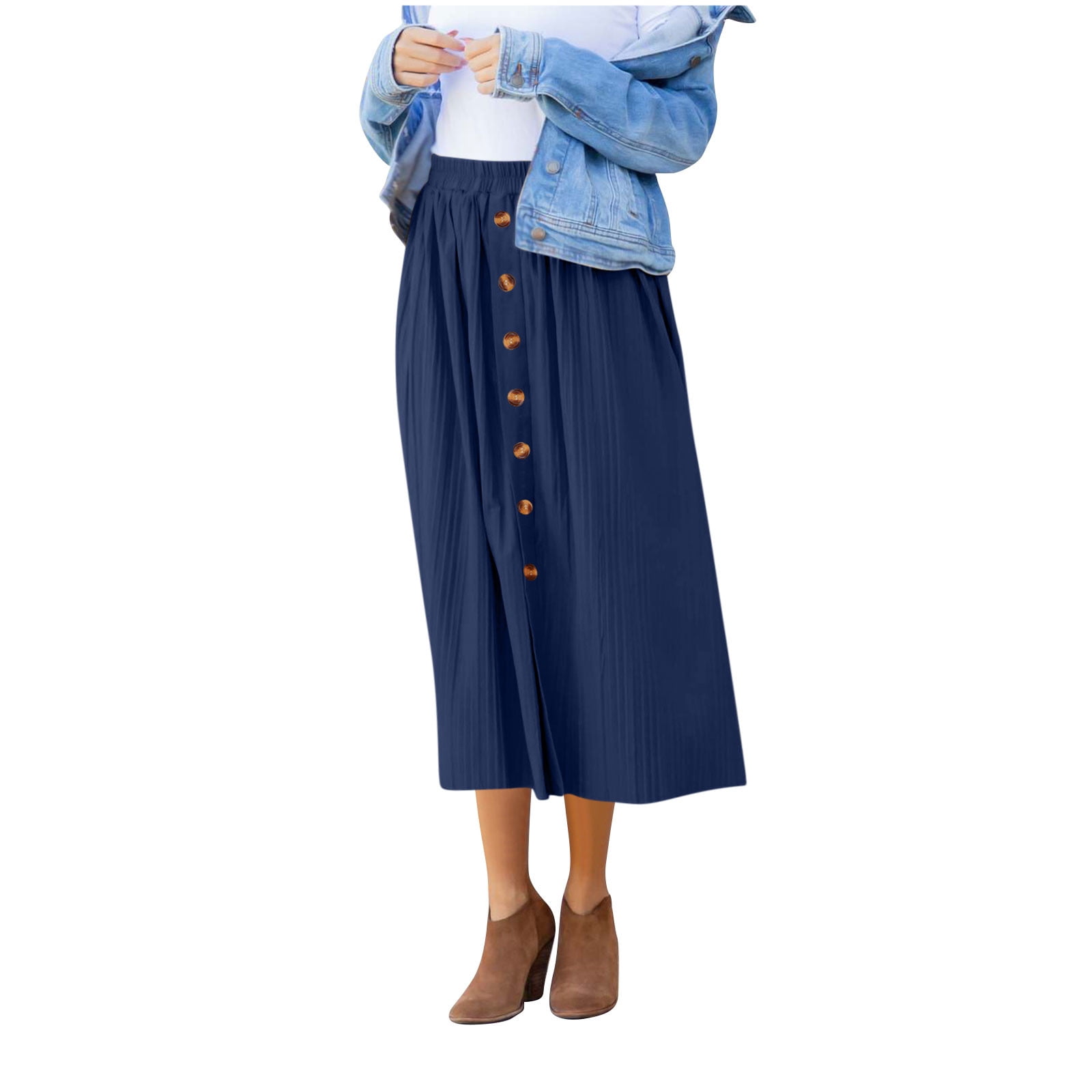 RITERA Plus Size Corduroy Skater Skirt - Button-Up Flare A-Line, Elastic High Waist, Dark Blue, Size 3XL (22W/24W)
