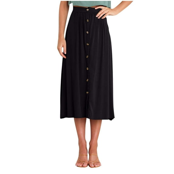 Bovxnpu Plus Size Skirts For Women, Women's High Waist A-Line Skirt Flared Midi Skirt, Women's Summer Casual Solid Color Fold Button Pocket Elastic Waist Skirt S