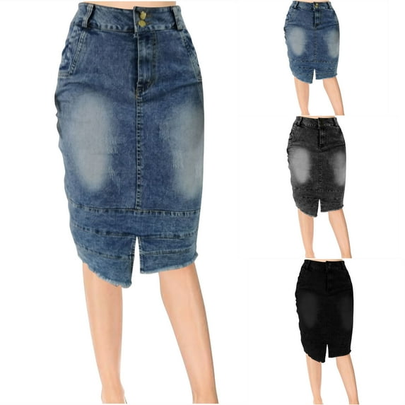 Bovxnpu Plus Size Skirts For Women, Women's Midi Denim Skirt With Pocket Jeans Skirts, Women's Fashion Holiday Summer Casual Denim Slit Skirt Solid Color Skirt S