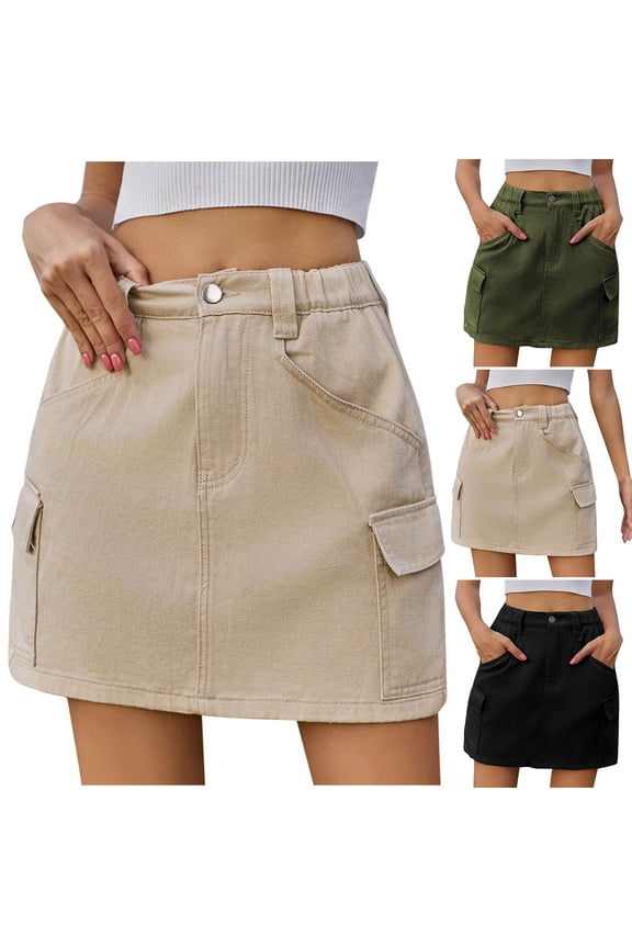Plus Size Skirts For Women, Women's Mini Denim Skirt With Pocket Jeans Skirts, Women's Fashion Solid Color Elastic Waist Cowboy Cargo Skirt M