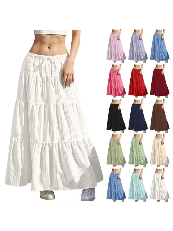 Plus Size Skirts For Women, Womens Long Maxi Skirts High Waist A Line Casual Skirts, Women Summer Casual Comfy Solid A-Line Long Skirts Elastic Waist XXL