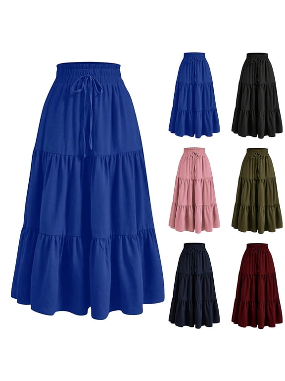 Plus Size Skirts For Women, Womens Long Maxi Skirts High Waist A Line Casual Skirts, Women's Summer Solid Color Drawstring Pocket Elastic Waist Skirt XXL