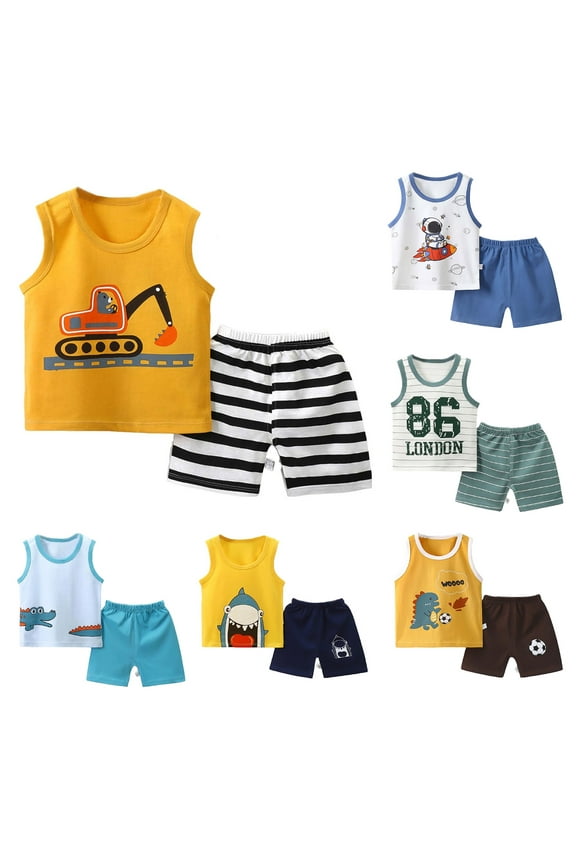 Summer Boys Girls 2 Piece Outfits, Toddler Boys Casual Clothing Set, Baby Summer Boy Cute Printed Round Neck Tank Shorts Suit 3 Years