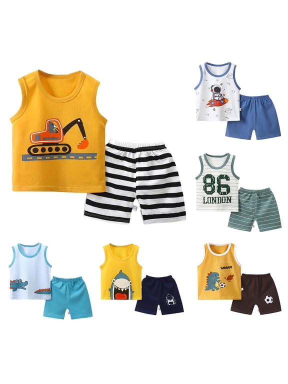 Summer Boys Girls 2 Piece Outfits, Toddler Boys Casual Clothing Set, Baby Summer Boy Cute Printed Round Neck Tank Shorts Suit 3 Years