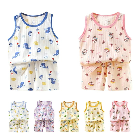 Bovxnpu Summer Boys Girls 2 Piece Outfits, Toddler Boys Casual Clothing Set, Children's Summer Printing Comfortable Short Round-Neck Tank Sets For Kids 3-9 Months
