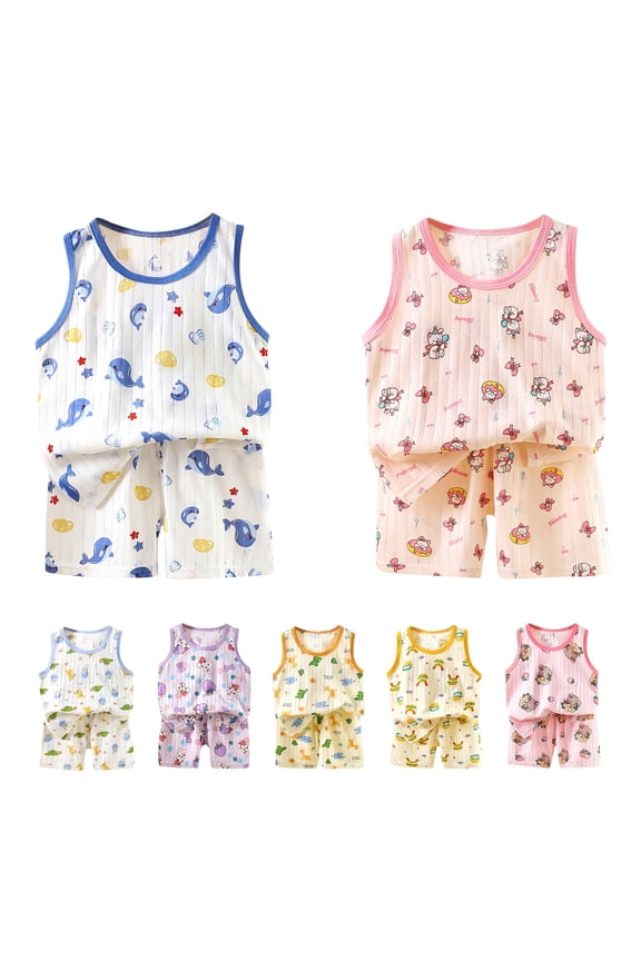 Summer Boys Girls 2 Piece Outfits, Toddler Boys Casual Clothing Set, Children's Summer Printing Comfortable Short Round-Neck Tank Sets For Kids 5-6 Years