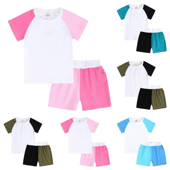 Bovxnpu Summer Boys Girls 2 Piece Outfits, Toddler Girls Clothing Sets, Girl's Solid Color Threaded Round Neck Short Sleeved And Shorts Two-Piece Sets 9-12 Months