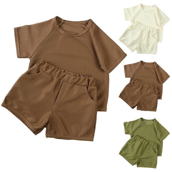 Bovxnpu Summer Boys Girls 2 Piece Outfits, Toddler Girls Clothing Sets, Kids Solid Color Fashion Short Sleeve Sets Casual Top Shorts Two Piece Sets 12 Months