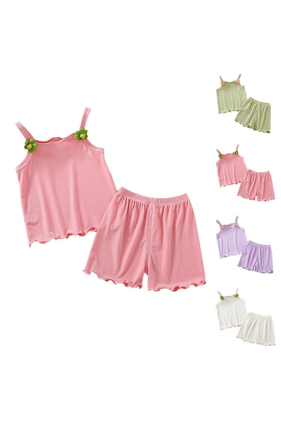 Summer Boys Girls 2 Piece Outfits, Toddler Girls Clothing Sets, Flower Baby Camisole Top+short Pants Ice Silk Sleeveless Two-piece Sets 2 Years
