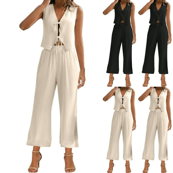 Bovxnpu Summer Casual Outfits For Women, 2 Piece Lounge Sets, Ladies' Spring/Summer Solid Color Casual Fashion Sleeveless Lace Up Tank And Pants Set Suits XXL