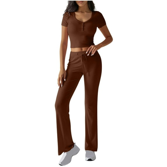 Bovxnpu Summer Casual Outfits For Women, 2 Piece Lounge Sets, Solid Color Button V-Neck Short Sleeved Top With Bandage Elastic Waistband Long Pants Casual Sports Set L