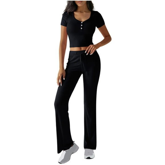 Bovxnpu Summer Casual Outfits For Women, 2 Piece Lounge Sets, Solid Color Button V-Neck Short Sleeved Top With Bandage Elastic Waistband Long Pants Casual Sports Set L
