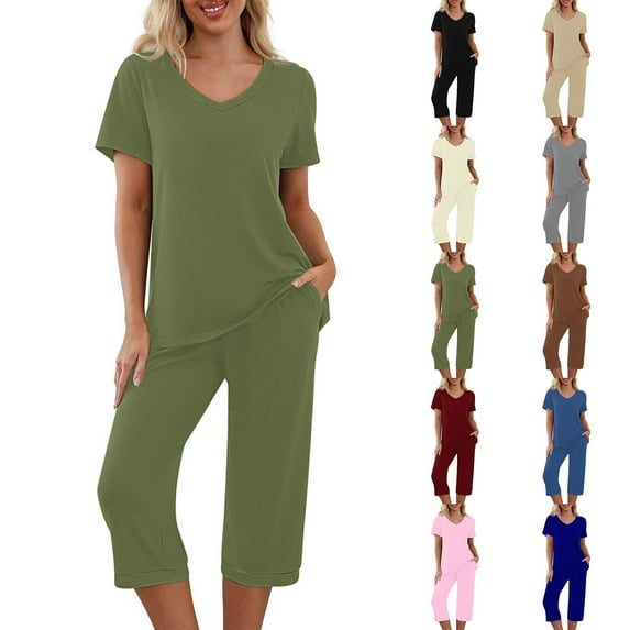 Bovxnpu Summer Casual Outfits For Women, 2 Piece Lounge Sets, Solid Color V Neck Short Sleeve Sleepshirt And Pants Sets Loungewear Pajamas With Pockets L