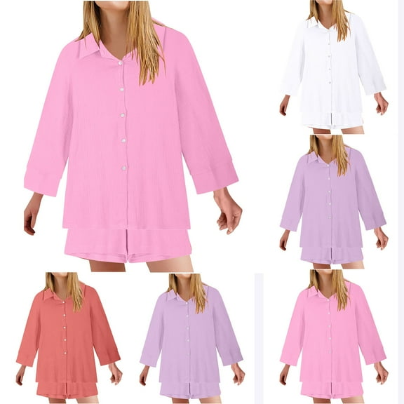 Bovxnpu Summer Casual Outfits For Women, 2 Piece Lounge Sets, Women Fashionable Solid Color Loose Casual Breasted Long Sleeved Shirt Casual Shorts Set S