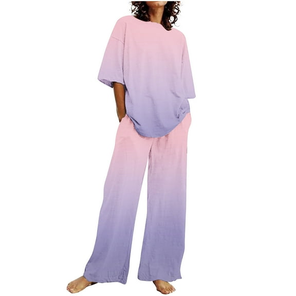 Bovxnpu Summer Casual Outfits For Women, 2 Piece Lounge Sets, Women's Casual Short Sleeved Round Neck Top/Loose Straight Tube With Pocket Long Pants Set S