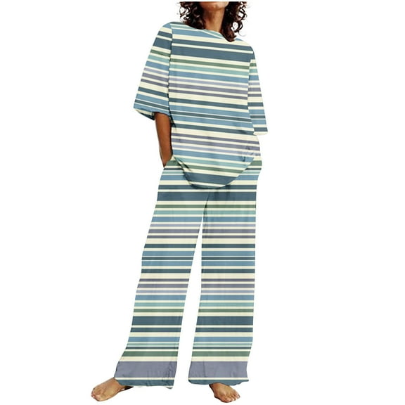 Bovxnpu Summer Casual Outfits For Women, 2 Piece Lounge Sets, Women's Casual Short Sleeved Round Neck Top/Loose Straight Tube With Pocket Long Pants Set S