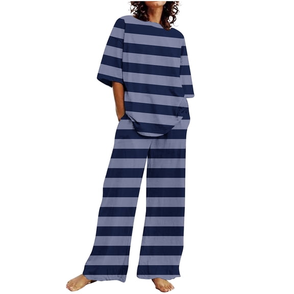 Bovxnpu Summer Casual Outfits For Women, 2 Piece Lounge Sets, Women's Casual Short Sleeved Round Neck Top/Loose Straight Tube With Pocket Long Pants Set S