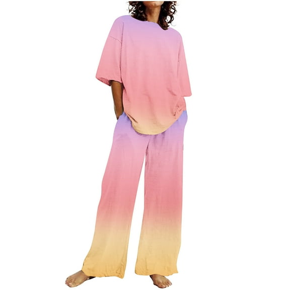 Bovxnpu Summer Casual Outfits For Women, 2 Piece Lounge Sets, Women's Casual Short Sleeved Round Neck Top/Loose Straight Tube With Pocket Long Pants Set S