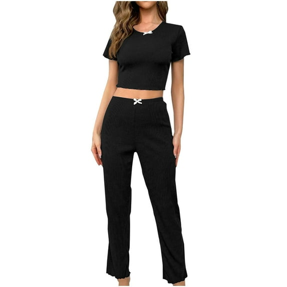 Bovxnpu Summer Casual Outfits For Women, 2 Piece Lounge Sets, Women's Fashion Casual Solid Color Short Sleeve Round Neck Top And Shorts Set XL