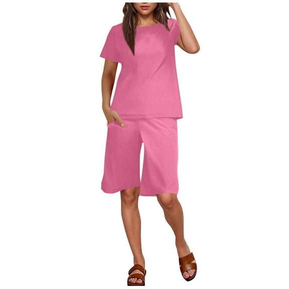 Bovxnpu Summer Casual Outfits For Women, 2 Piece Lounge Sets, Women's Fashion Leisure Solid Color T-shirt Shorts Two-piece Set M