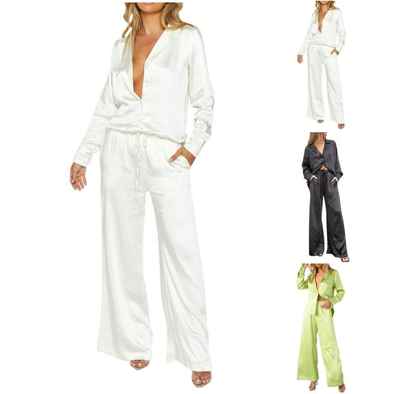 Bovxnpu Summer Casual Outfits For Women, 2 Piece Lounge Sets, Women's Solid Color Breasted Shirt Long Sleeved Lapel Cardigan Pajamas Two-piece Set S