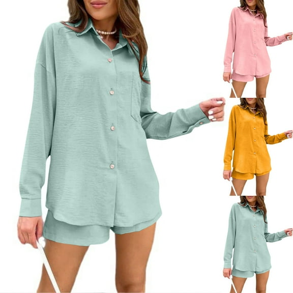 Bovxnpu Summer Casual Outfits For Women, 2 Piece Lounge Sets, Women's Solid Color Fashionable Shirt Button Elastic Waist Drawstring Pocket Shorts Two-Piece Set Suit L