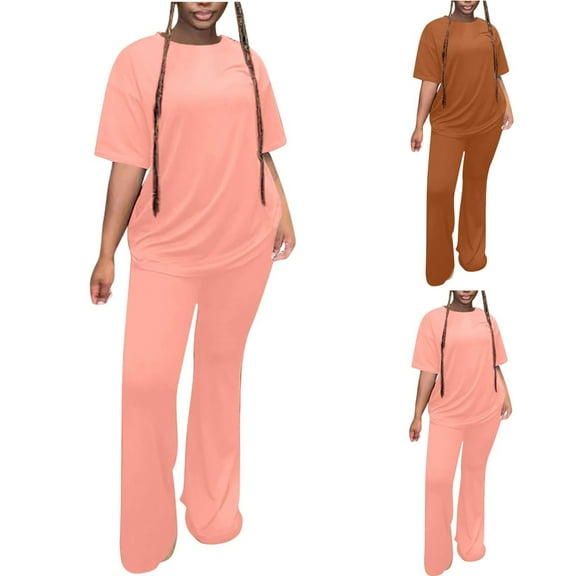 Bovxnpu Summer Casual Outfits For Women, 2 Piece Lounge Sets, Women's Solid Color Loose Short Sleeved Fashionable Casual Pants Set S