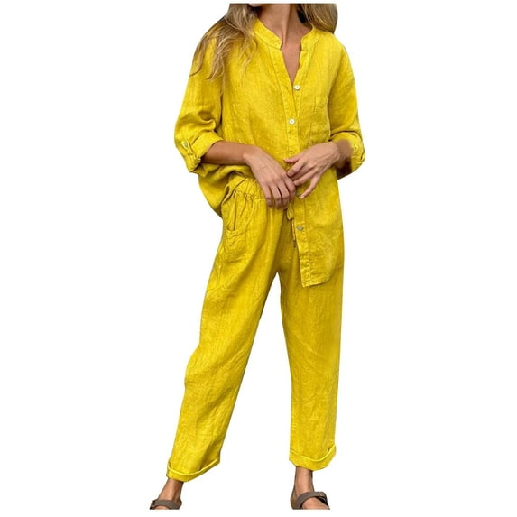 Bovxnpu Summer Casual Outfits For Women, 2 Piece Lounge Sets, Women's Solid Color Round Neck Short Sleeve And Pants Sets With Pockets XL