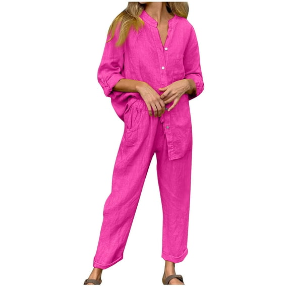 Bovxnpu Summer Casual Outfits For Women, 2 Piece Lounge Sets, Women's Solid Color Round Neck Short Sleeve And Pants Sets With Pockets L