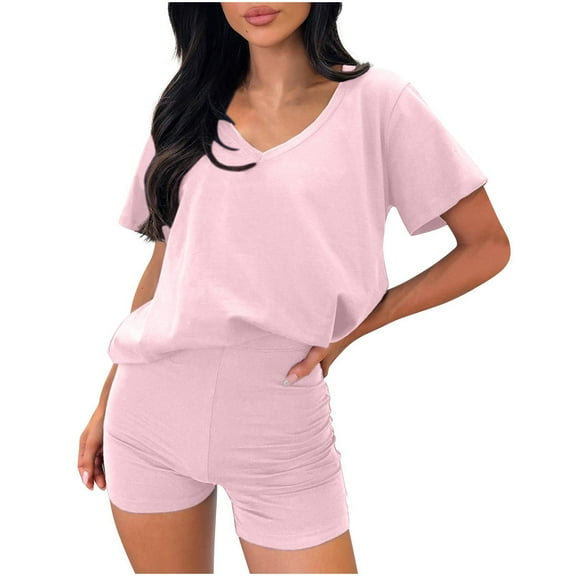 Bovxnpu Summer Casual Outfits For Women, 2 Piece Lounge Sets, Women's Solid Color V-Neck Short Sleeved Top With Elastic Waistband Long Pants Casual Sports Set L