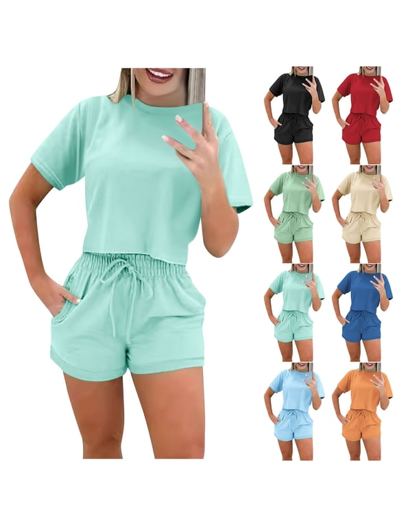 Summer Casual Outfits For Women, 2 Piece Lounge Sets, Women's Summer Casual Solid Color Short Sleeved Shorts Two-piece Set L