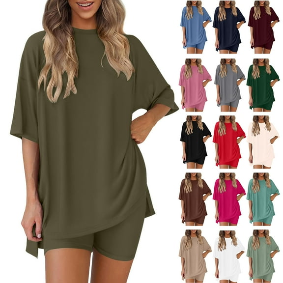 Bovxnpu Summer Casual Outfits For Women, 2 Piece Lounge Sets, Women's Summer Solid Color Round Neck Five Quarter Sleeved Top shorts Pants Two-piece Set L