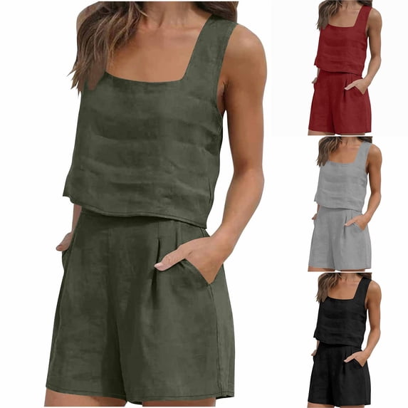 Bovxnpu Summer Casual Outfits For Women, 2 Piece Lounge Sets, Womens 2 Piece Outfits Summer Sets Neck Crop Tank And Shorts Sets M