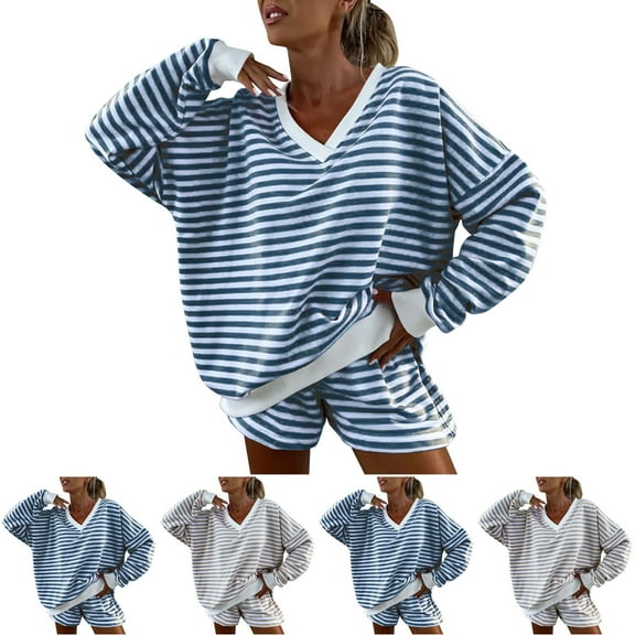 Bovxnpu Summer Casual Outfits For Women, Oversized Lounge Sets 2 Piece Outfits Sweatsuit, Casual Striped Suit Long-sleeved V-neck Loose Top Sports Shorts Suit S