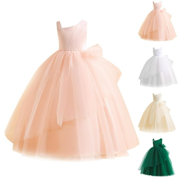 Bovxnpu Summer Girls Dresses, Flower Girl Lace Long Princess Dresses, Girls' Formal Dress Sleeveless Sloping Shoulder Solid Color Mesh Skirt 8 Years