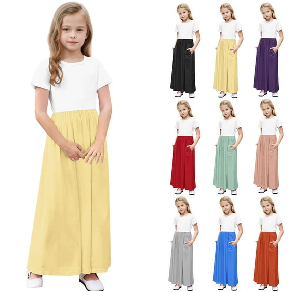 Bovxnpu Summer Girls Dresses, Girls Casual Cotton Dress Maxi Dress, Toddler Kids Girls Solid Color Short Sleeve Stretchy Pocket Dress A Line Long Dress 4 Years