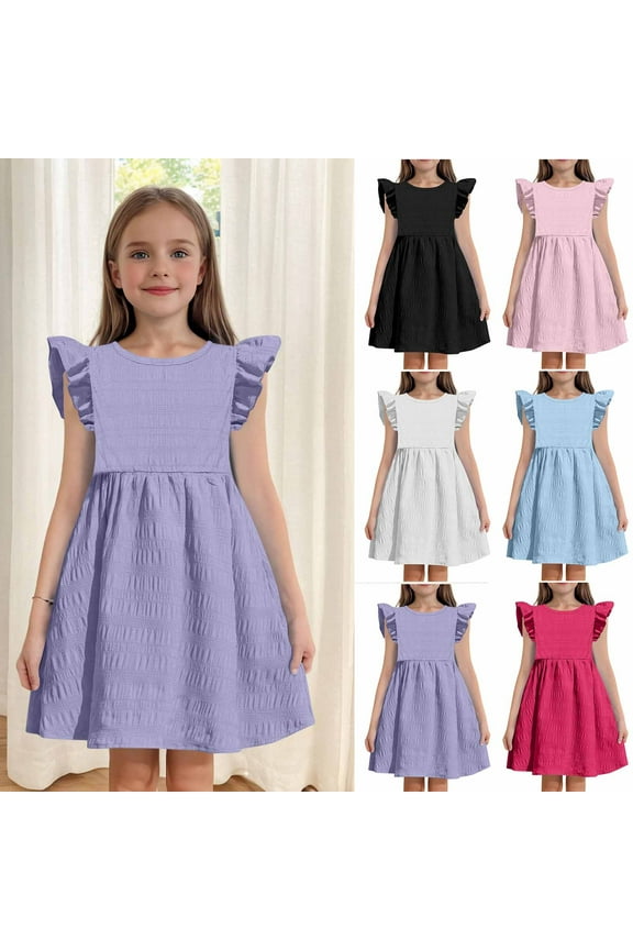 Summer Girls Dresses, Girls Casual Dress Beach Sundress Mini Dress, Children's Summer Solid Color Back Button Flying Sleeve Round Neck Dress 12-13 Years