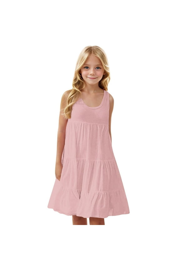 Summer Girls Dresses, Girls Cotton Casual Dress Beach Sundress Mini Dress, Girls' Solid Color Round Neck Short Sleeve Spliced Cute Casual Dress 9-10 Years