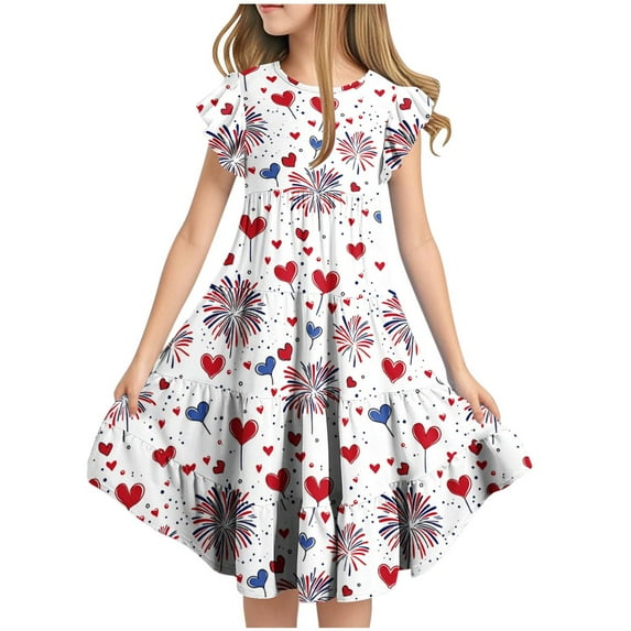 Bovxnpu Summer Girls Dresses, Girls Cotton Casual Dress Pleated Midi Dress, Independent Day Short Sleeved Flying Sleeve Round Neck Pocket Layered Dress 8 Years