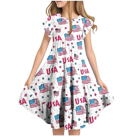 Bovxnpu Summer Girls Dresses, Girls Cotton Casual Dress Pleated Midi Dress, Independent Day Short Sleeved Flying Sleeve Round Neck Pocket Layered Dress 12 Years