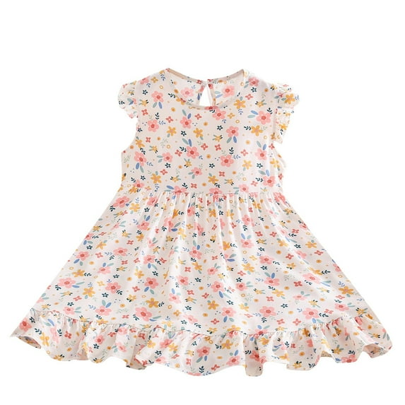 Bovxnpu Summer Girls Dresses, Girls Cotton Dress with Ruffle Sleeves, Flying Sleeves Cotton Silk Skirt Thin Cool And Small Floral Dress For Children And Babies 7 Years