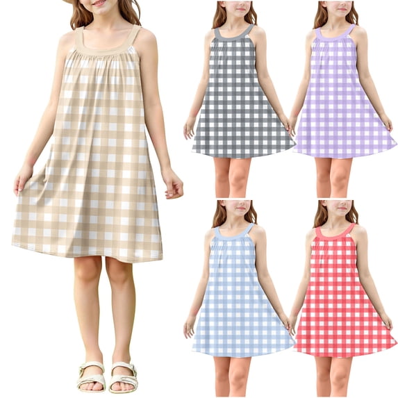 Bovxnpu Summer Girls Dresses, Girls Cotton Dress Tank Play Dress Beach Sundress, Girls Cute Lattice Print Sleeveless Camisole Dress A Line Suspenders Dress 11 Years