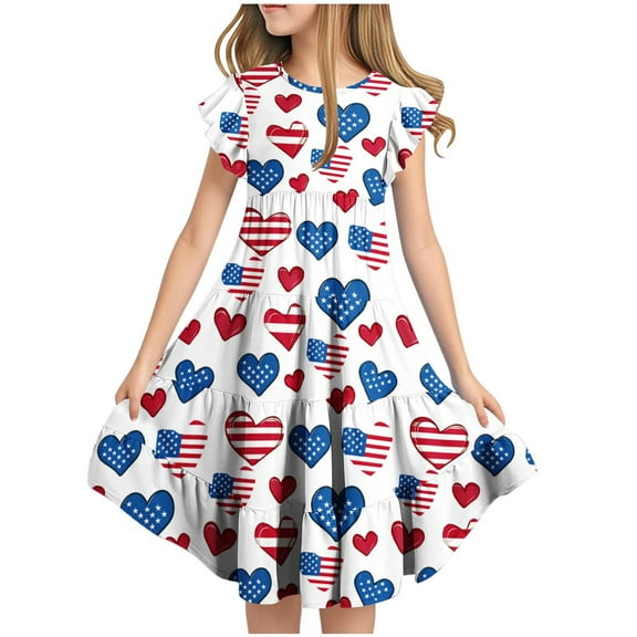 Bovxnpu Summer Girls Dresses, Girls Midi Flowy Casual Dresses With Pocket, Independent Day Girls' Short Sleeve Ruffled Pockets Round-Neck Printed Dress 8 Years