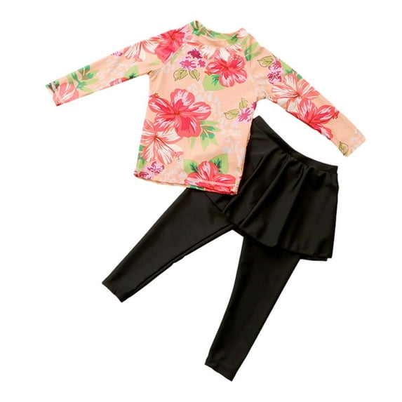 Bovxnpu Summer Girls Swimsuit, Girls 2 Piece Bathing Suit, Printed Long Sleeved Swimsuit Skirt Style Long Pants Surfing Split Set Sun Protection Swimsuit 4-5 Years