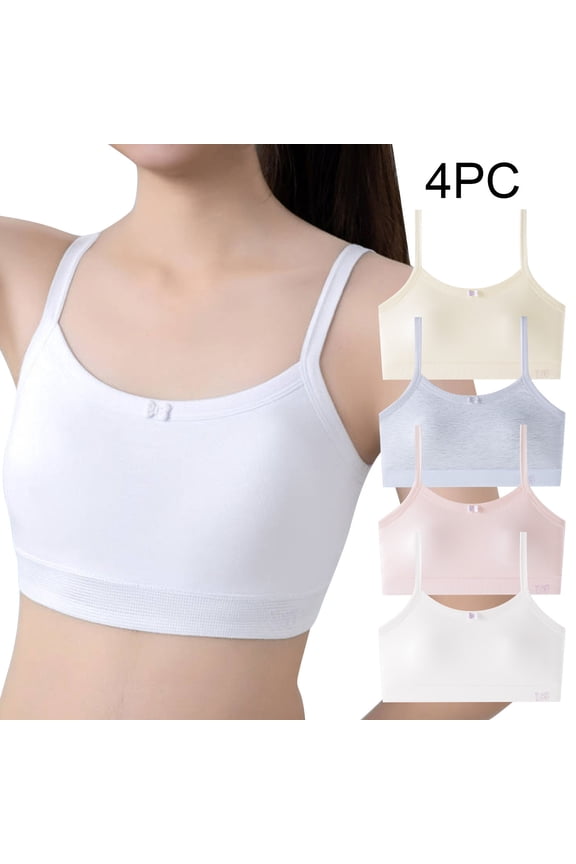 Summer Girls Underwear, Cotton Training Bras for Girls, 4PC Girls Solid Color Soft Breathable Thin Style Student Bra Underwear 13 Years