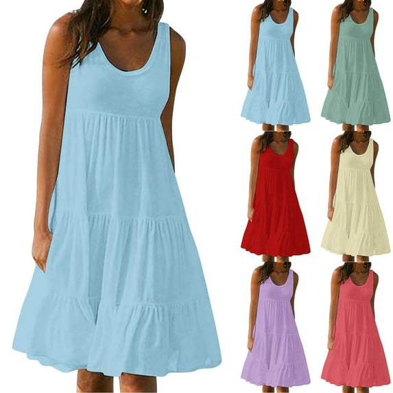 Bovxnpu Summer Plus Size Dresses for Women, Casual Sundress Beach Vacasion, Womens Summer Round Neck Print Sleeveless Beach Dress XL