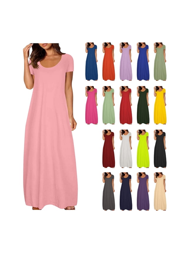 Summer Plus Size Dresses for Women, Women's Casual Maxi Dress, Women's Large Pocket Solid Color Dress Round Neck Short Sleeved Long Sleeved XXXL