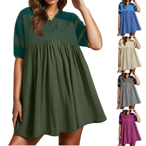Bovxnpu Summer Plus Size Dresses for Women, Women's Casual T Shirt Dress, Womens Oversized Short Sleeve Color Block Collared V Neck Flowy Mini Dress S